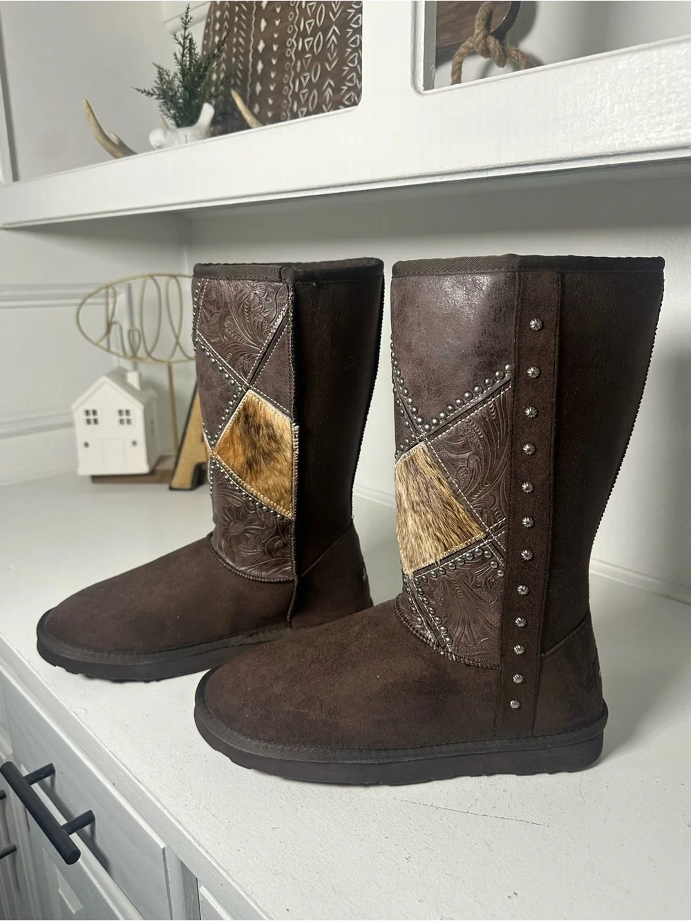 Montana West Women’s Size 8 Brown Western Winter Boots Cowhide Studded Mid Calf